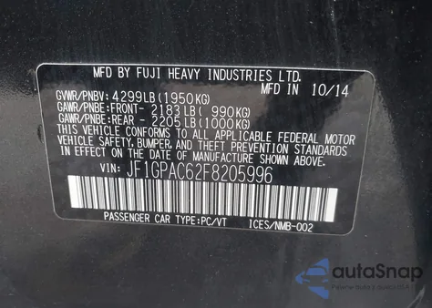 2015 Subaru Impreza 2.0I Premium из США, поврежденный, VIN JF1GPAC62F8205996